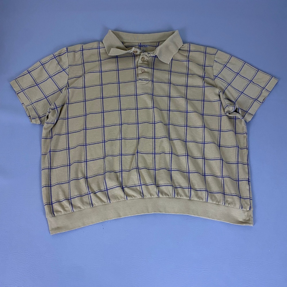 Kingsize Polo Shirt Men's Size 3XL Big Tan Blue Grid Short Sleeve Banded Hem